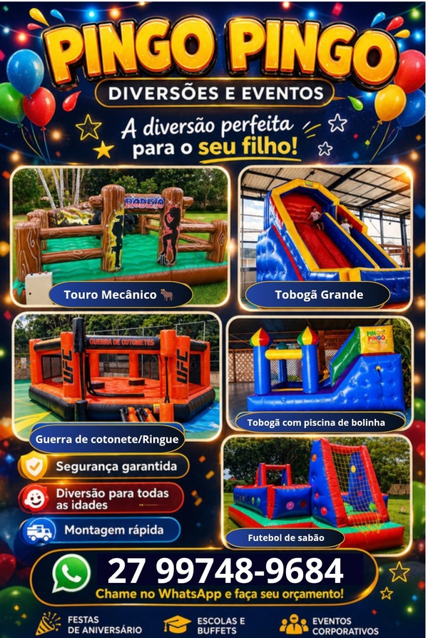 Futebol de Sabão, Touro Mecânico, Guerra de Cotonetes Ringue, Tobogã Com Piscina de Bolinha